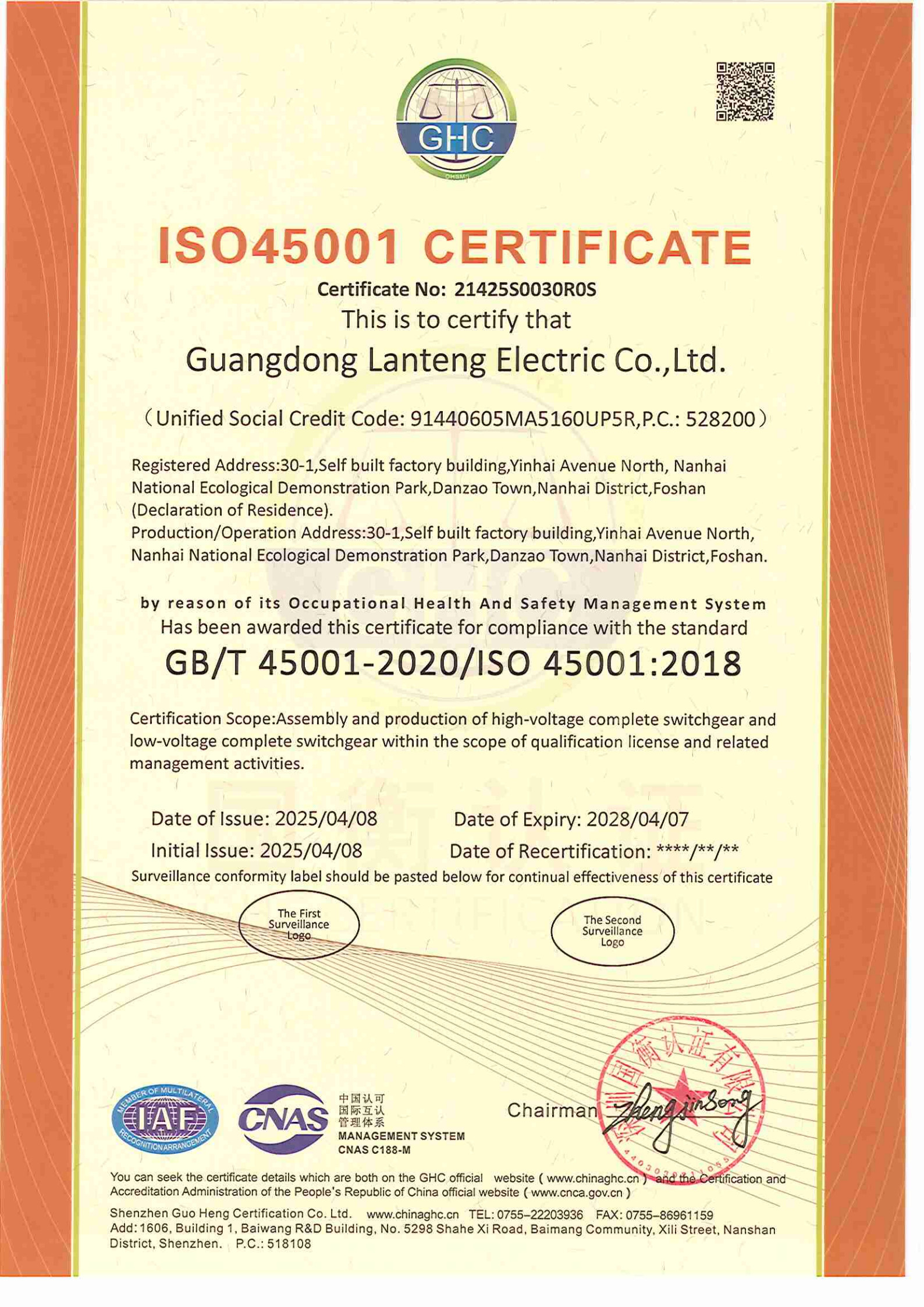 ISO 45001 Certificate for Occupational Health & Safety Management
